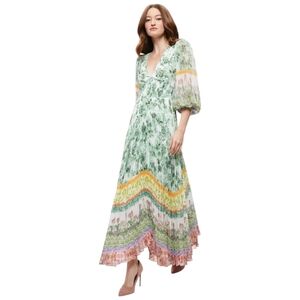 Alice Olivia Sion Maxi Dress Pleated Floral Sunburst Long Sleeve Size 2